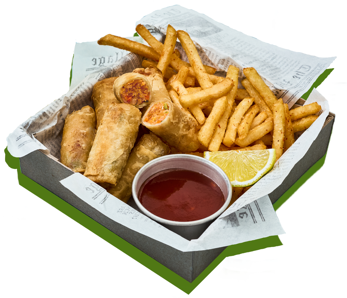 Shrimp spring rolls and fries in a basket