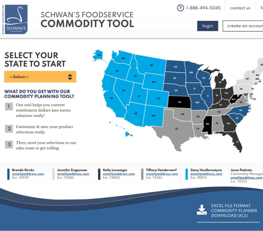 screenshot of the Schwan's foodservice commodity tool webpage