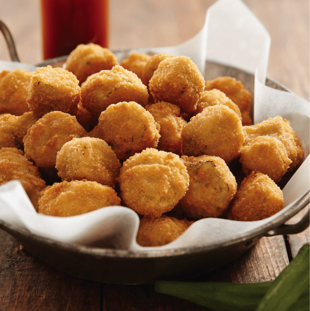 breaded, fried okra in a serving basket