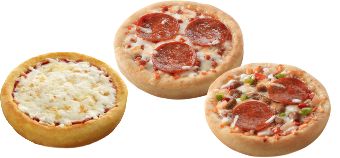 three personal sized pizzas