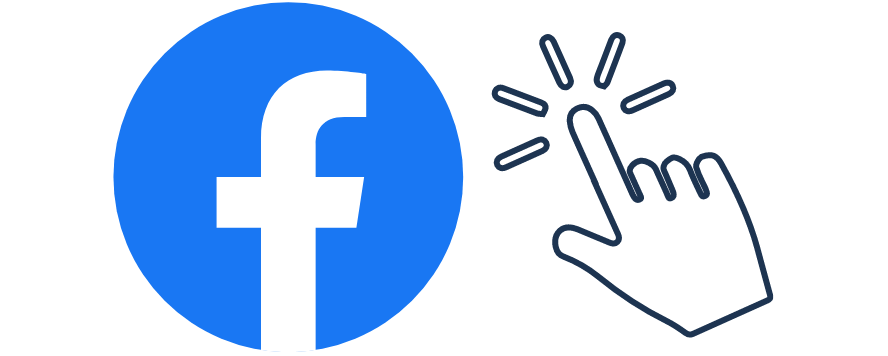 outline of the facebook logo next to a hand indicating a clicking action