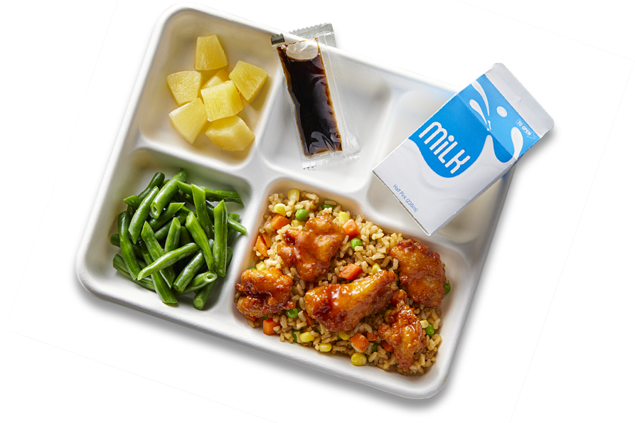 School lunch tray with carton of milk, green beans, pineapple, and Asian cuisine