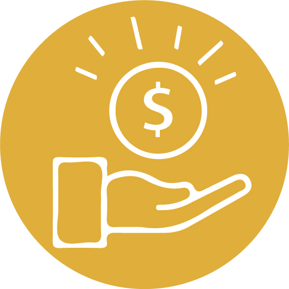 Yellow icon with hand and dollar sign representing increased revenue.