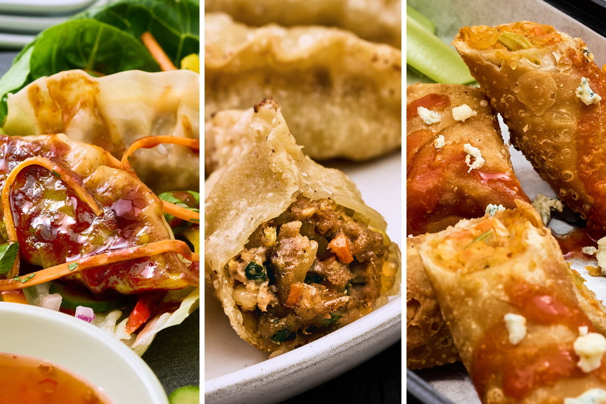 Image collage of three Asian-style appetizers including steamed mandu, fried mandu and buffalo chicken egg rolls.