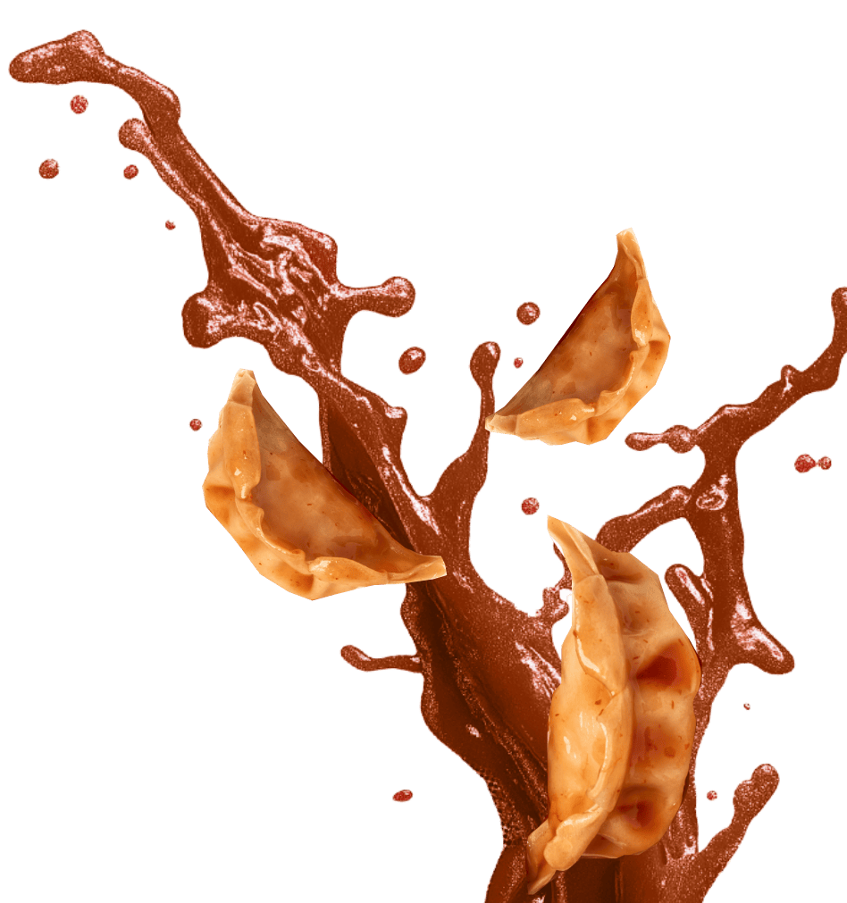 bibgo Korean BBQ sauce splashing behind three Chef One beef dumplings
