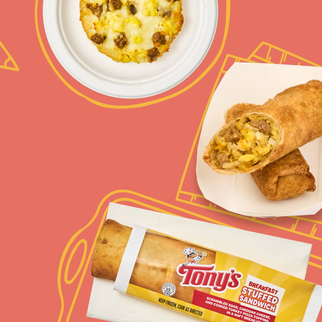 K12 Tony's breakfast bagel, Minh breakfast egg roll and Tony's stuffed sandwich