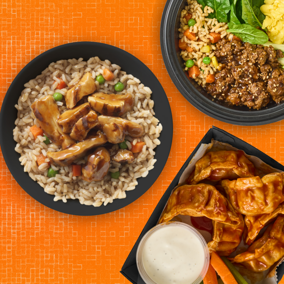 K12 Asian Meal chicken rice bowl, bibimbap and buffalo dumplings with ranch