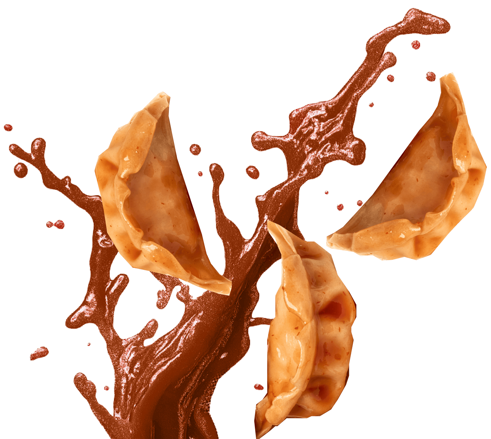 3 dumplings and Korean bbq sauce splashing from out of frame