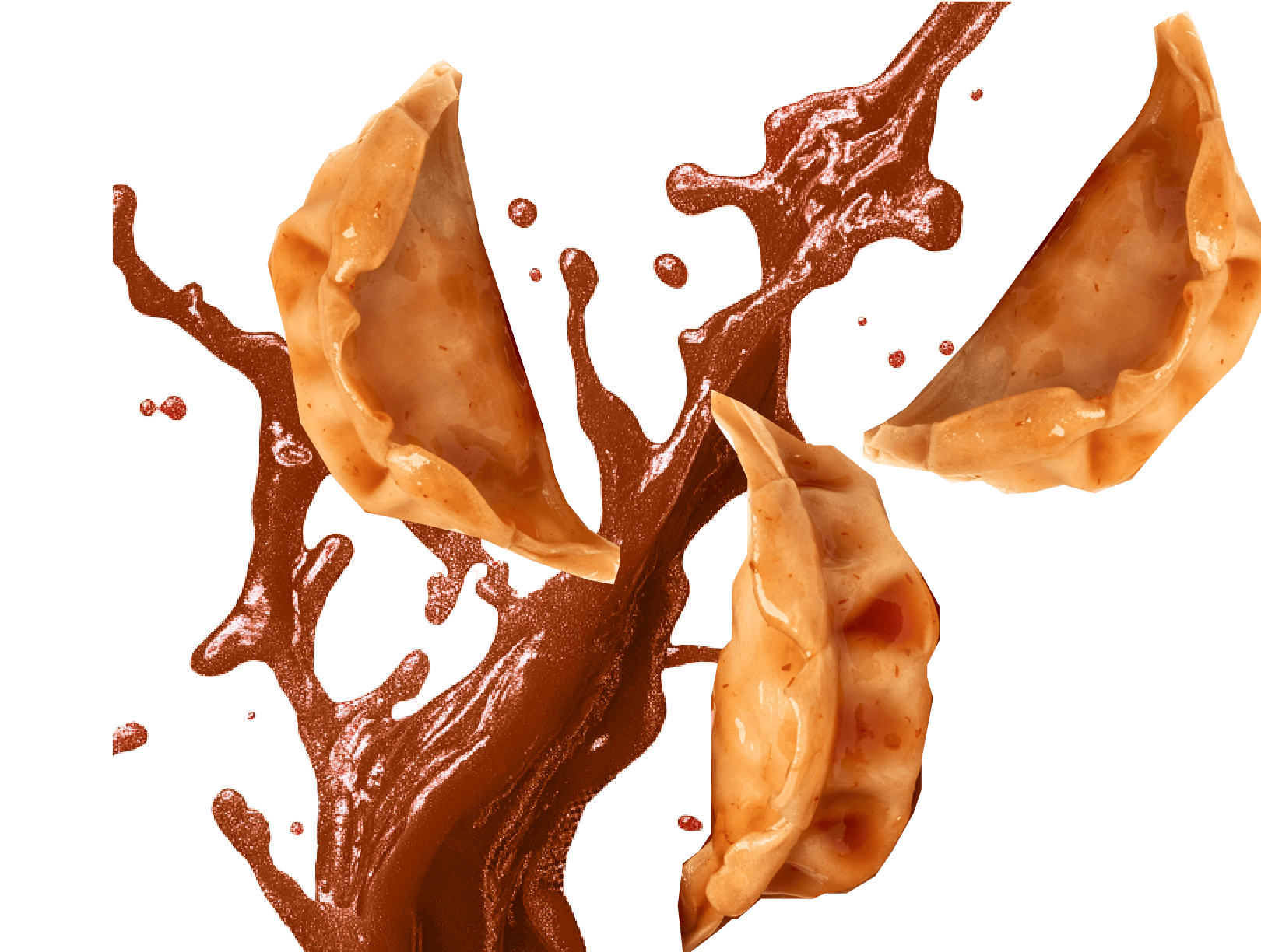 3 dumplings and Korean bbq sauce splashing from out of frame